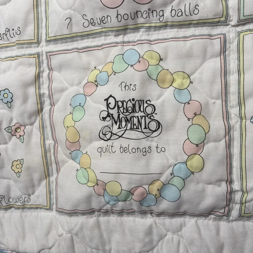 Vintage Handmade Precious Moments Quilt Baby Blanket Counting Satin Back